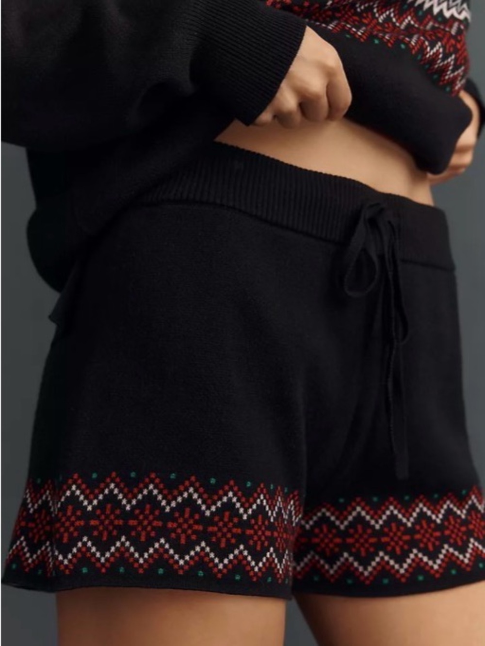 Anthropologie Black Knit Drawstring Shorts with Red Fair Isle Trim